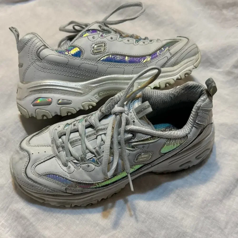 Skechers D'Lites white & silver Leather trainers iridescent, sparkly size 7.5